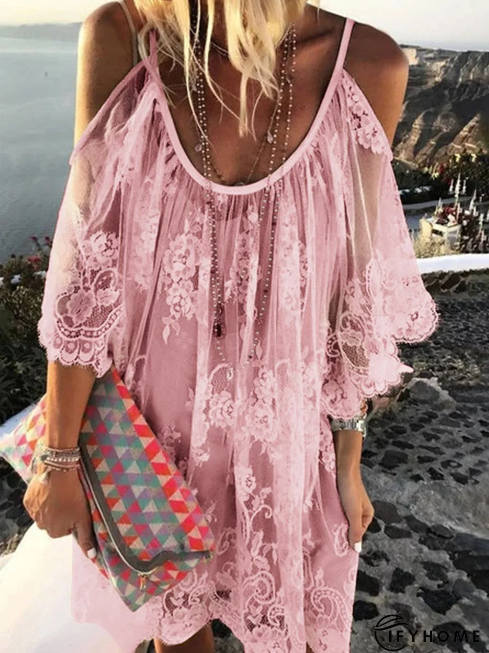 Off Shoulder Lace Embroidered Skater Shift Weaving Dress | IFYHOME