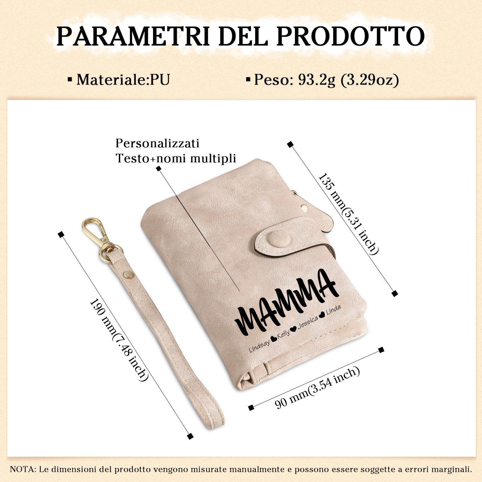 Portafoglio in PU pelle con 4 nomi & 2 testi & 1 foto personalizzati per mamma