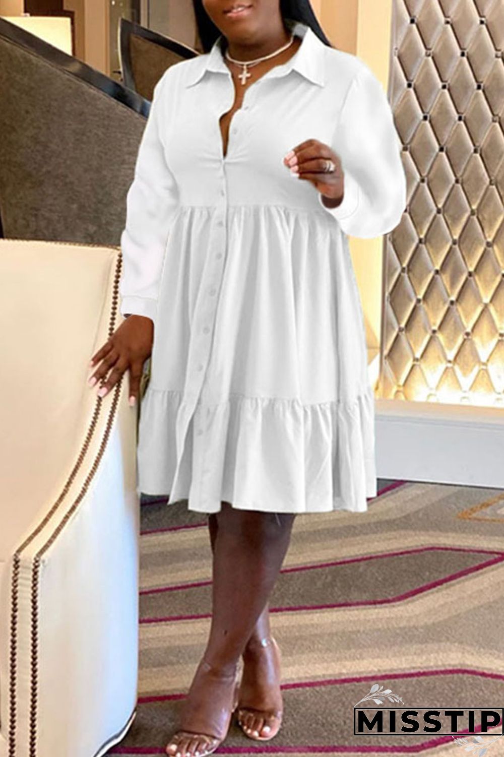 Black Casual Solid Patchwork Buckle Fold Turndown Collar A Line Plus Size Dresses