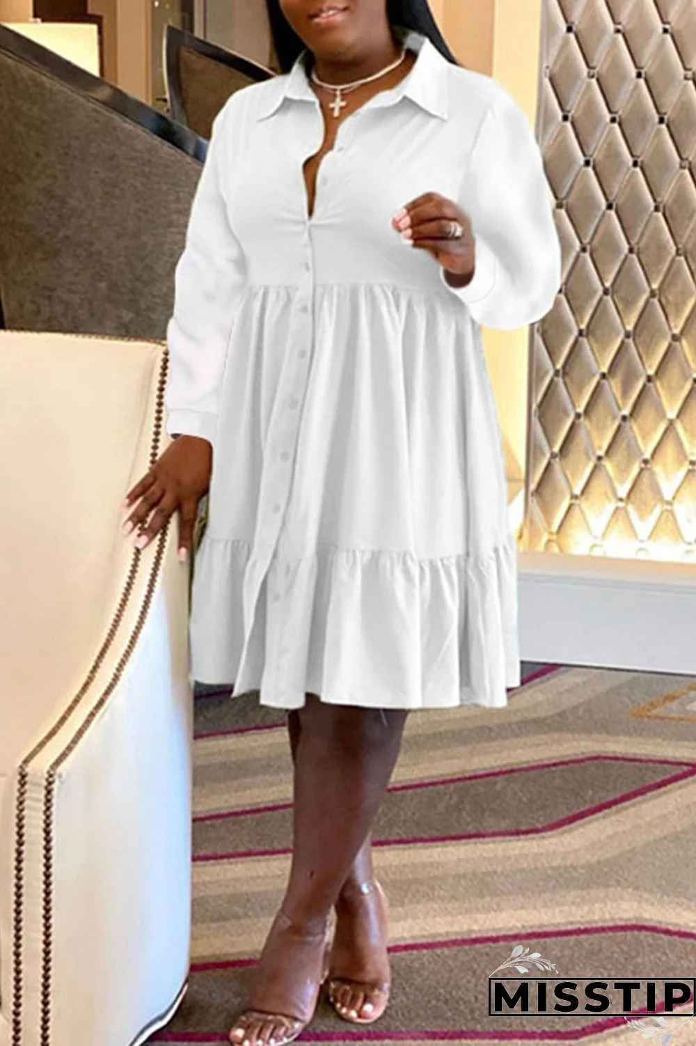 Black Casual Solid Patchwork Buckle Fold Turndown Collar A Line Plus Size Dresses