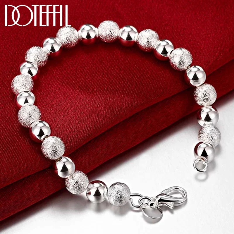 DOTEFFIL 925 Sterling Silver Smooth Matte 8mm Bead Chain Bracelet For Woman Jewelry