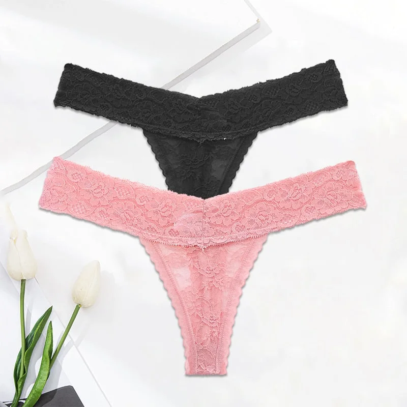 FINETOO 2PCS/Set M-XL Lace G-string Thong Panties for Woman Sexy Floral Underwear Transparent Women's Underpants Female Lingerie