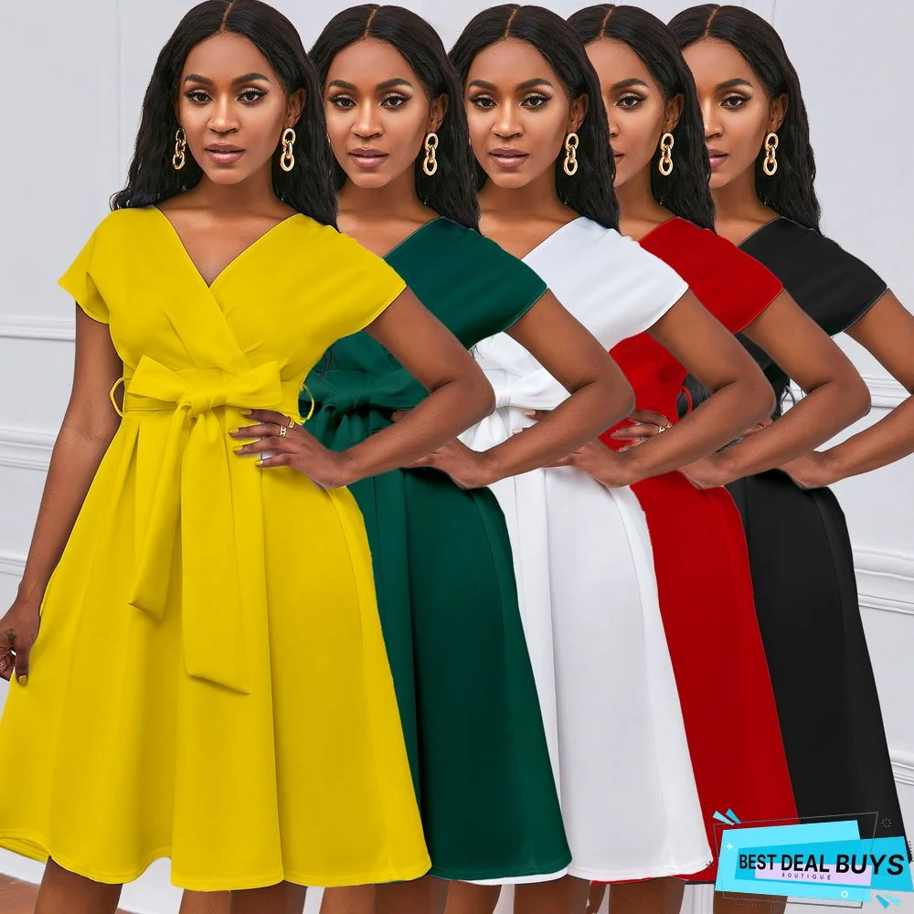 V-Neck Solid Color Waist Bow Tie Dress White Dresses