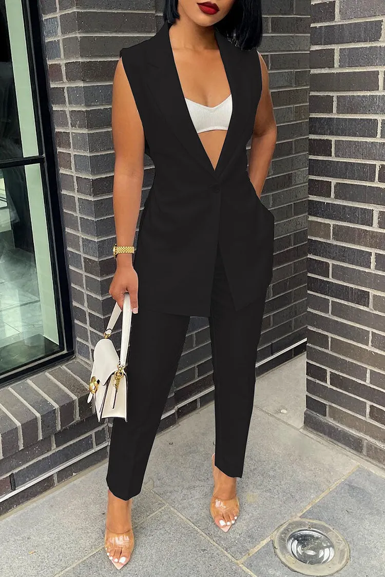 Casual Solid Patchwork Turn-back Collar Sleeveless Two Pieces(4 Colors)