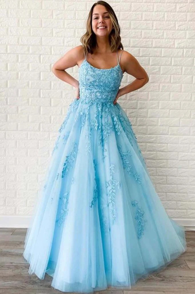 Ovlias Stunning Blue Spaghetti Strap Applique Tulle Backless Prom Dress XJ0269