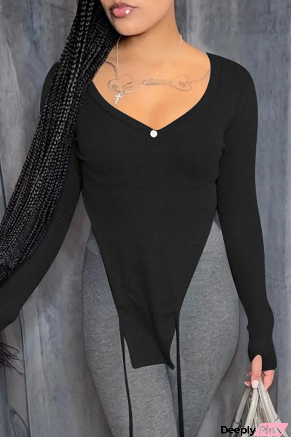 Black Fashion Casual Solid Asymmetrical V Neck Tops