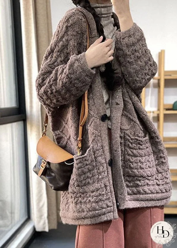 Plus Size Khaki V Neck Cable Rabbit Hair Knit Loose Cardigans Winter