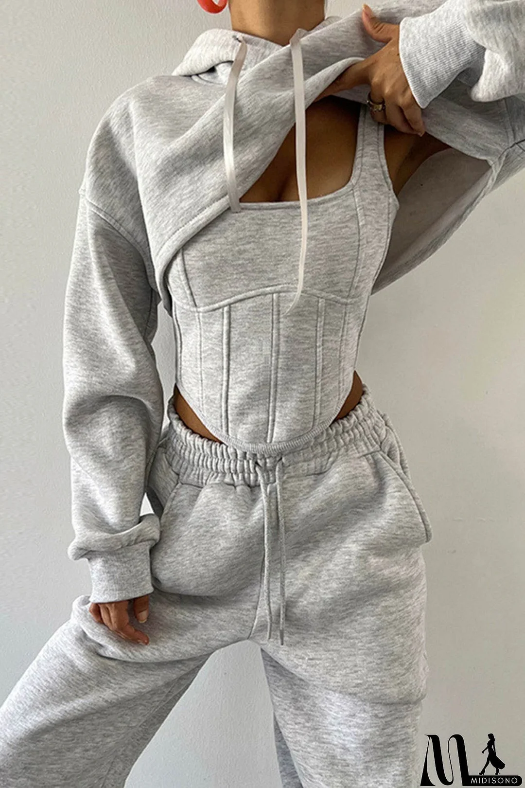 MidiSono - Cover-up Hoodie Corset Vest Three-piece Pants Suits