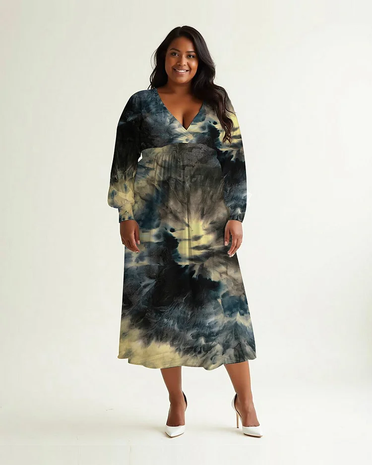 Plus Size Women's Tie-dye Print Long Sleeve V Neck Dress