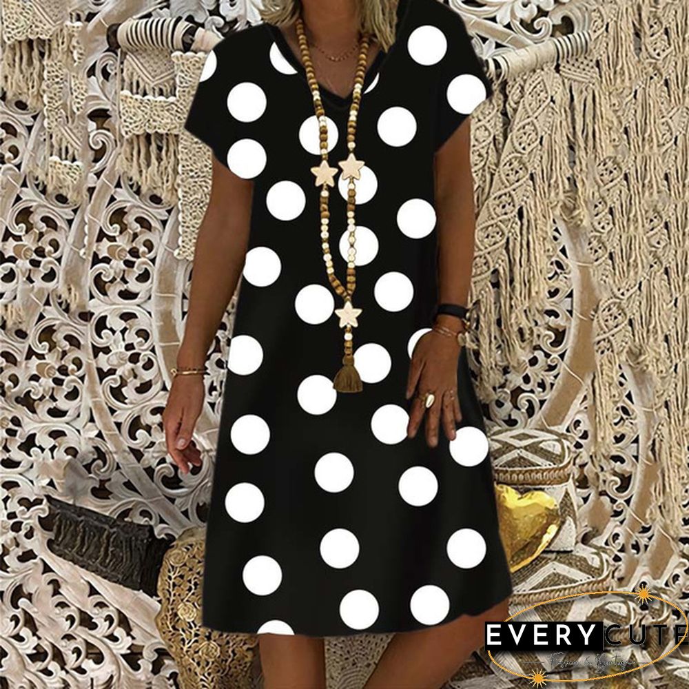 Women's Dress Summer New Fashion Women's V-neck Dots Printed Casual Short Sleeve Dress Loose Soft and Comfortable Plus Size Dress S-5XL
