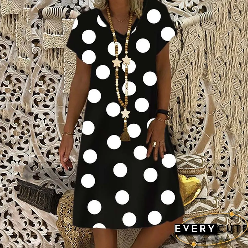 Women's Dress Summer New Fashion Women's V-neck Dots Printed Casual Short Sleeve Dress Loose Soft and Comfortable Plus Size Dress S-5XL