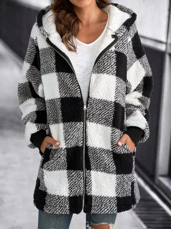 Hoodie Plaid Loose Overcoat