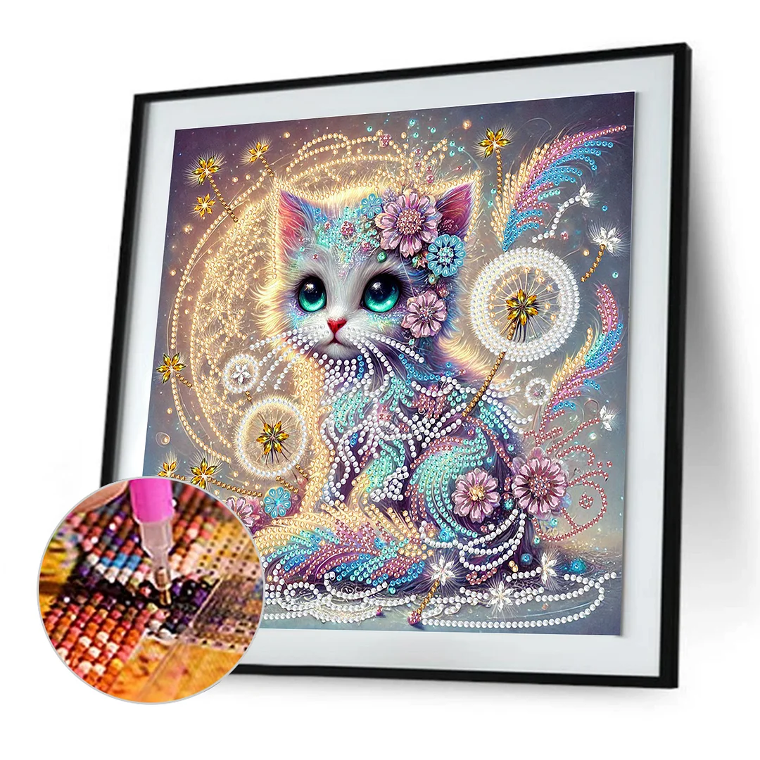 Dandelion Cat - Partial Special Shaped Drill Diamond Painting Kits (Canvas|30*30cm)