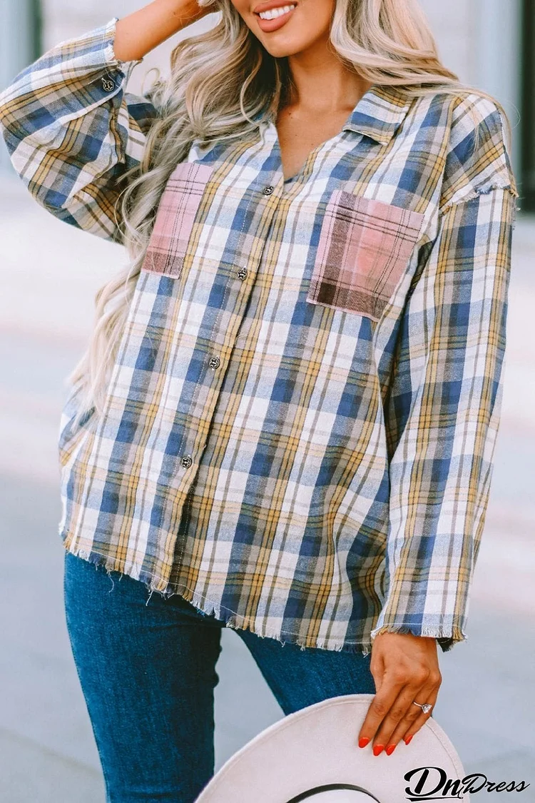 Plaid Raw Hem Dropped Shoulder Johnny Collar Shirt