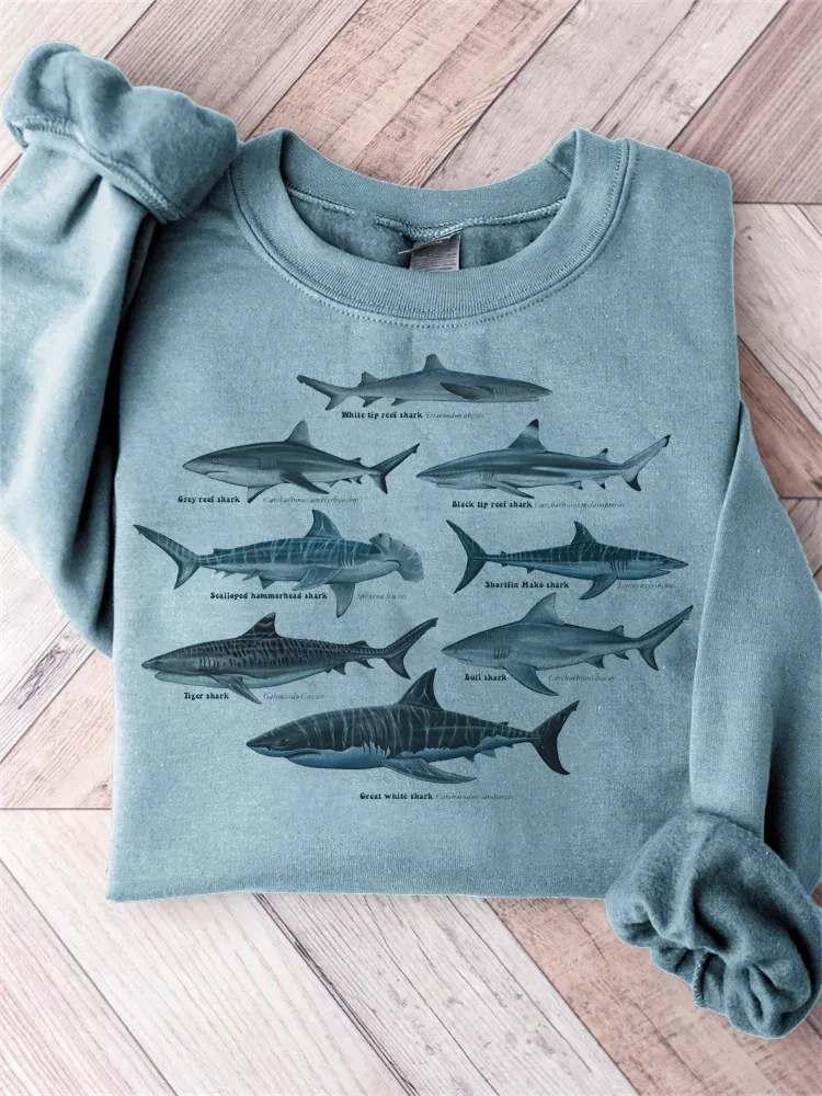 Shark Pattern Embroidery Art Cozy Sweatshirt