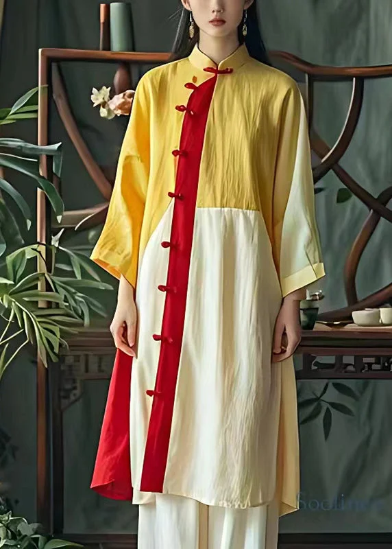 Pre sale - shipping in 30 days/Art Yellow Mandarin Collar Patchwork Linen Oriental Dress Summer