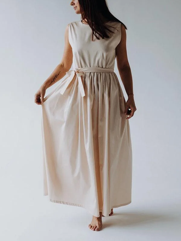 Round neck solid color loose casual sexy open back dress-Mayoulove