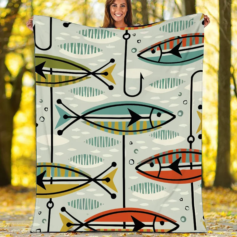MCM Geometric Abstract Retro Red Gray Black Mustard Brown and Green Sherpa Fleece Blanket