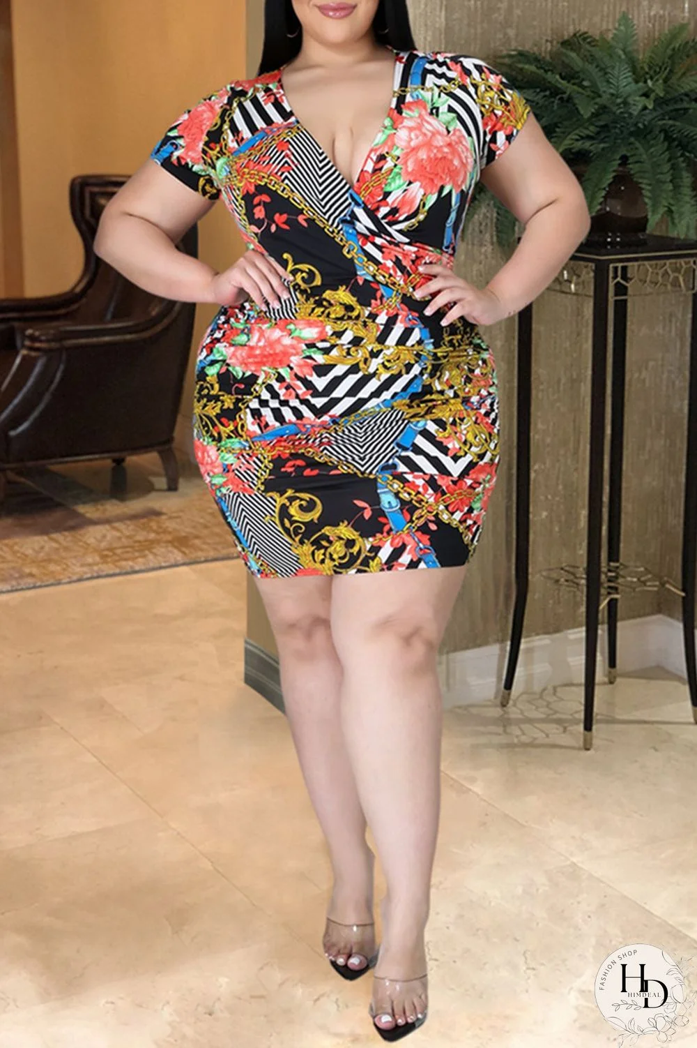 Black Sexy Casual Plus Size Print Basic V Neck Short Sleeve Dress