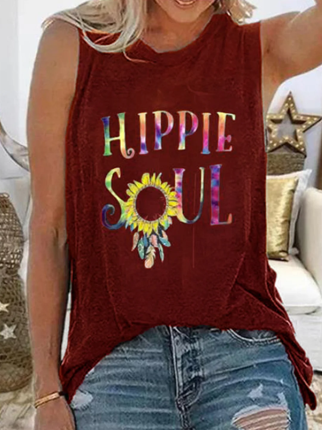 Black Printed Sleeveless Round Neck Tops