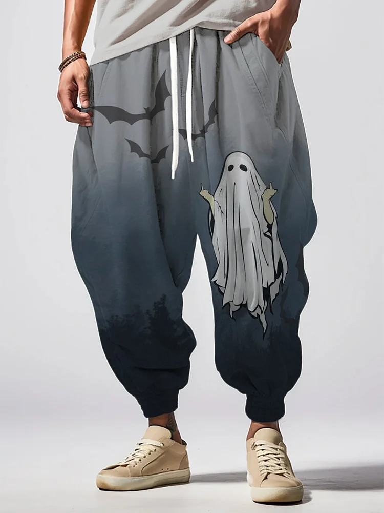 Men's Funny Ghost with Middle Finger Print Loose Drawstring Waist Sweatpants