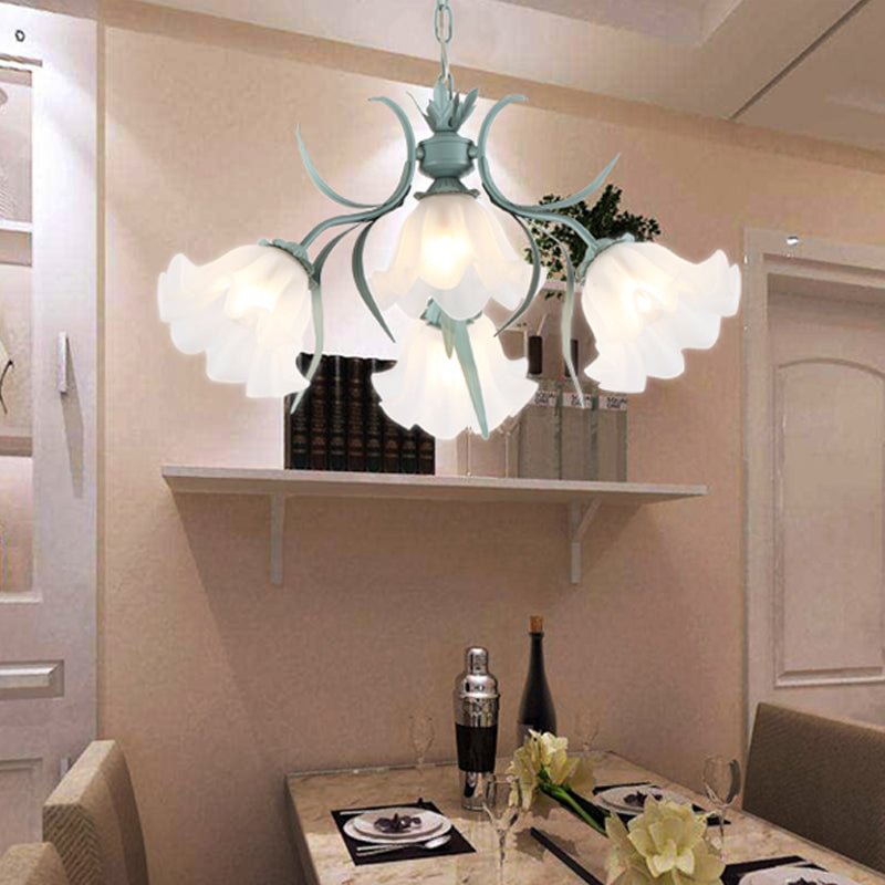 Green/Pink 4/6/9-Head Chandelier Lamp Korean Flower Frosted Glass Ruffle Hanging Pendant Light for Dinning Room