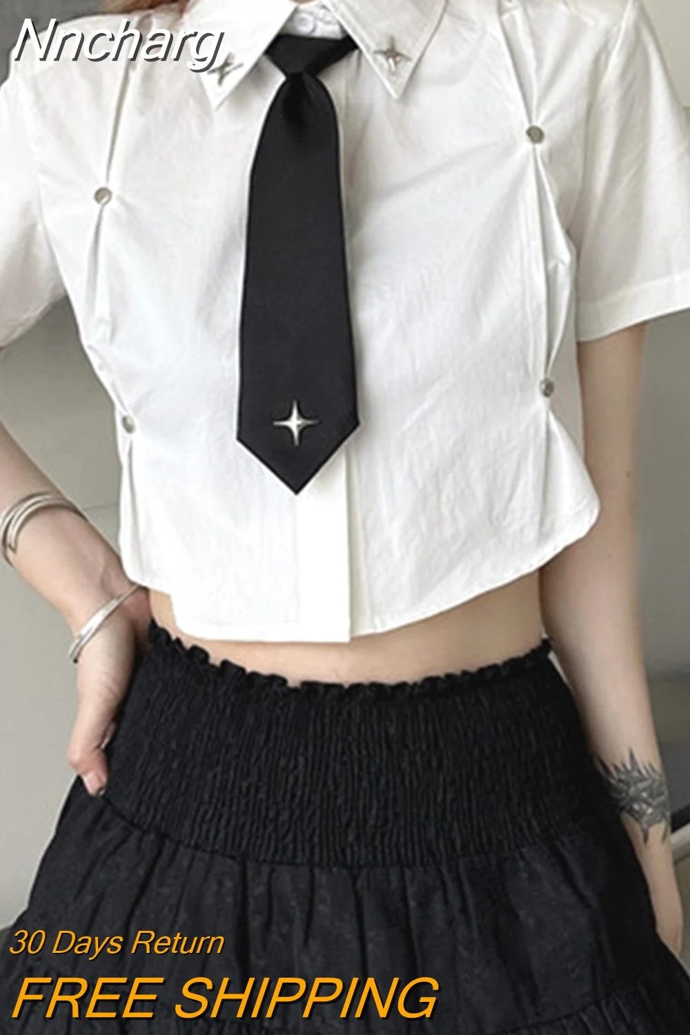 Nncharge Sleeve Slim High Waist White Dress Shirts Tie Women Korean Crop Tops Streetwear Preppy Style Sexy Camisas Y2k Buttons