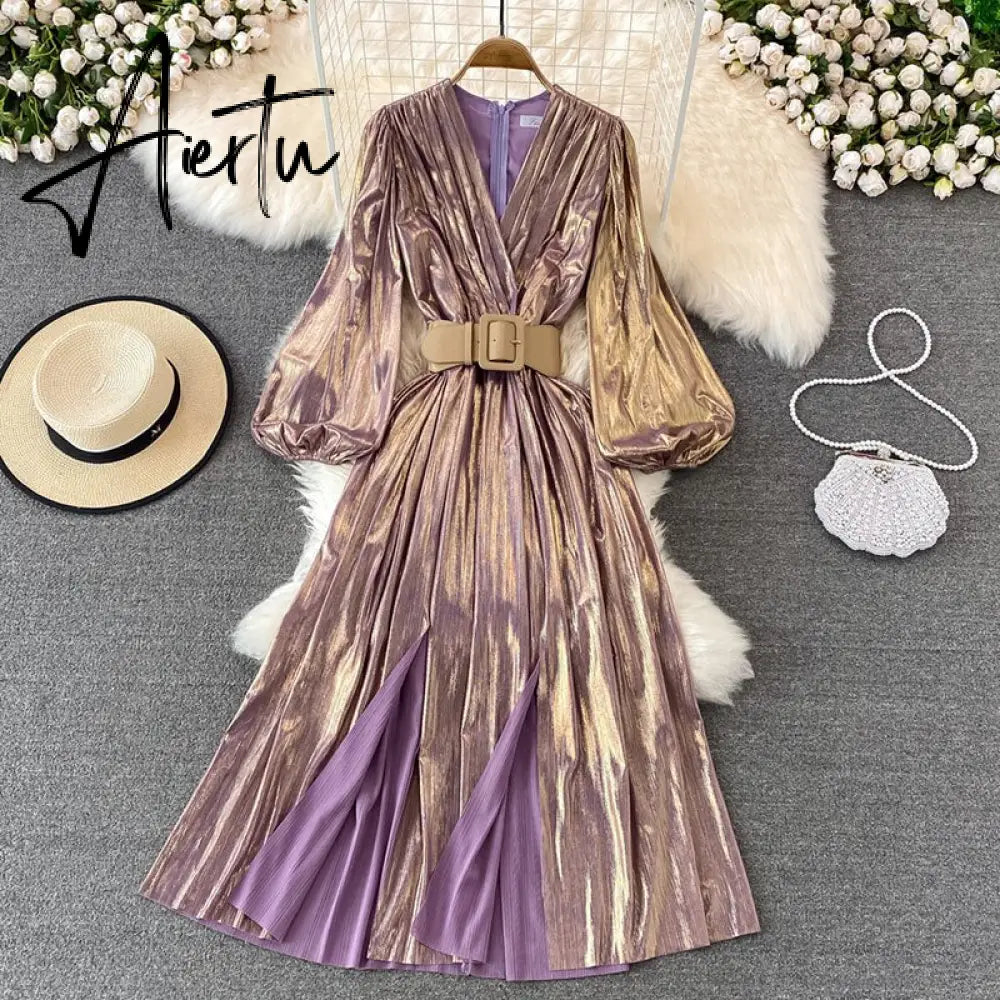 Women European and American long-sleeved lace-up metallic pleated V-neck elegant with large swing dress vestidos female D0703 Aiertu