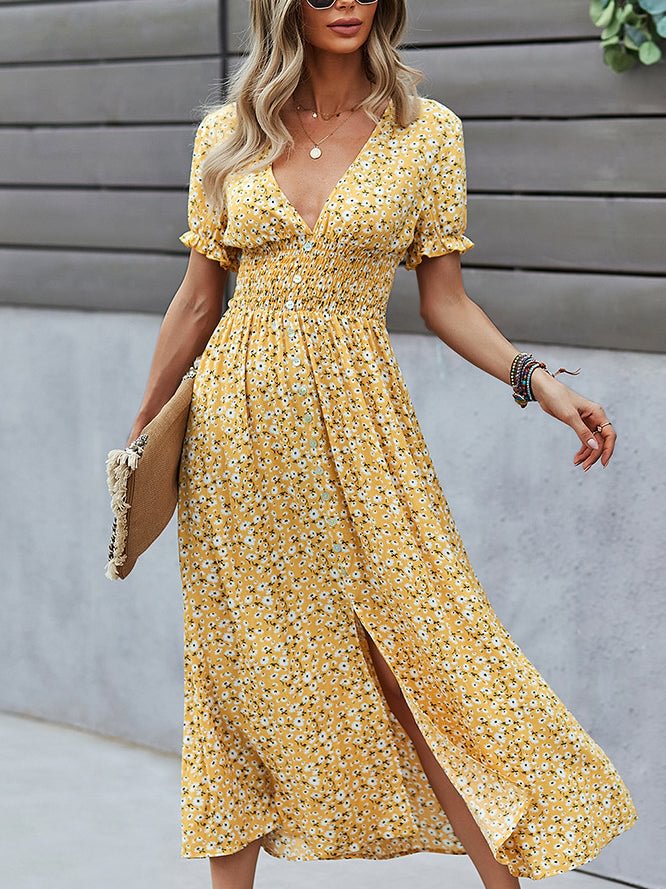 Bohemian Women's Short Sleeve V-neck Floral Printed Slit Maxi Dress