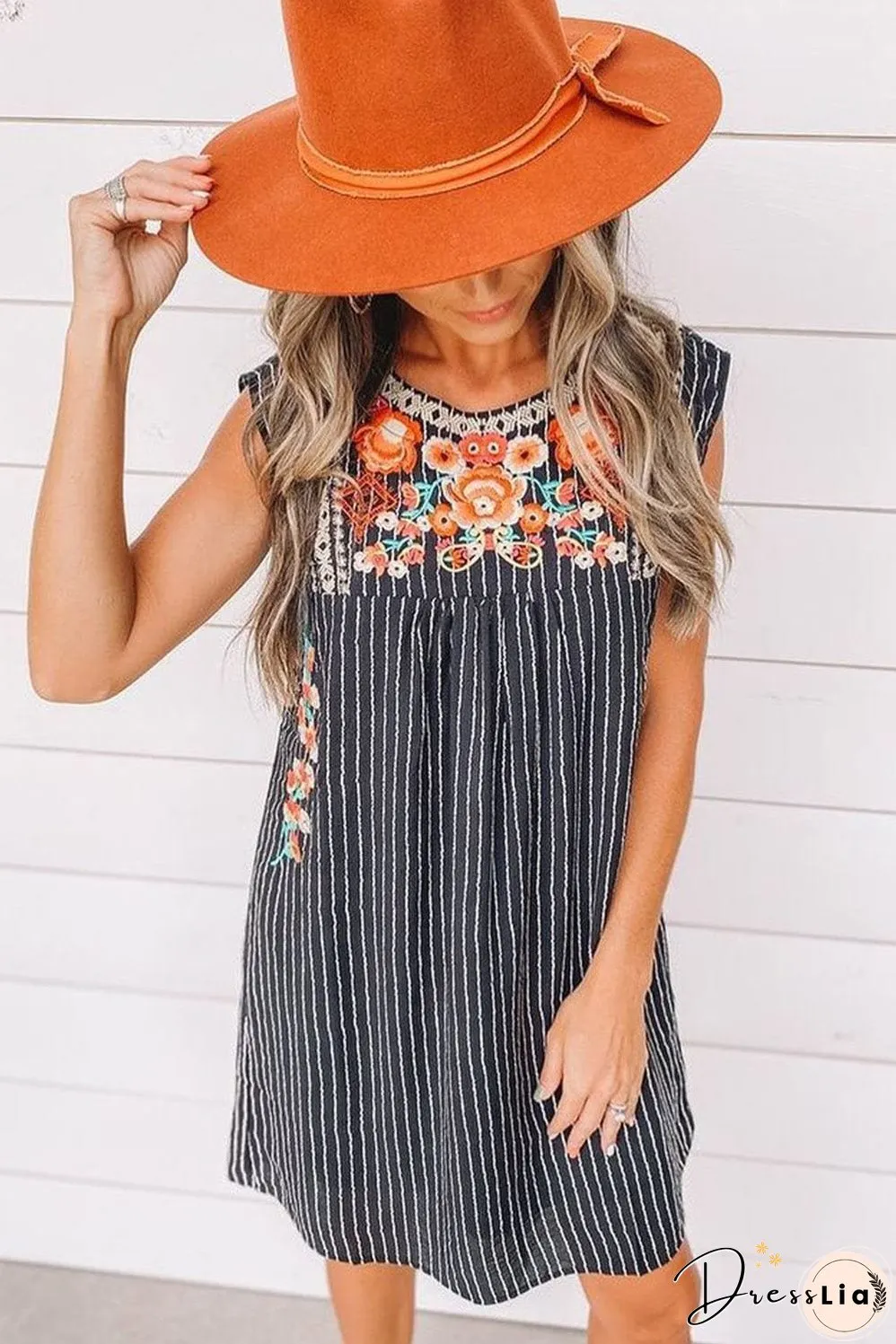 Blue Striped Embroidered Sleeveless Mini Dress with Southern Belle Style