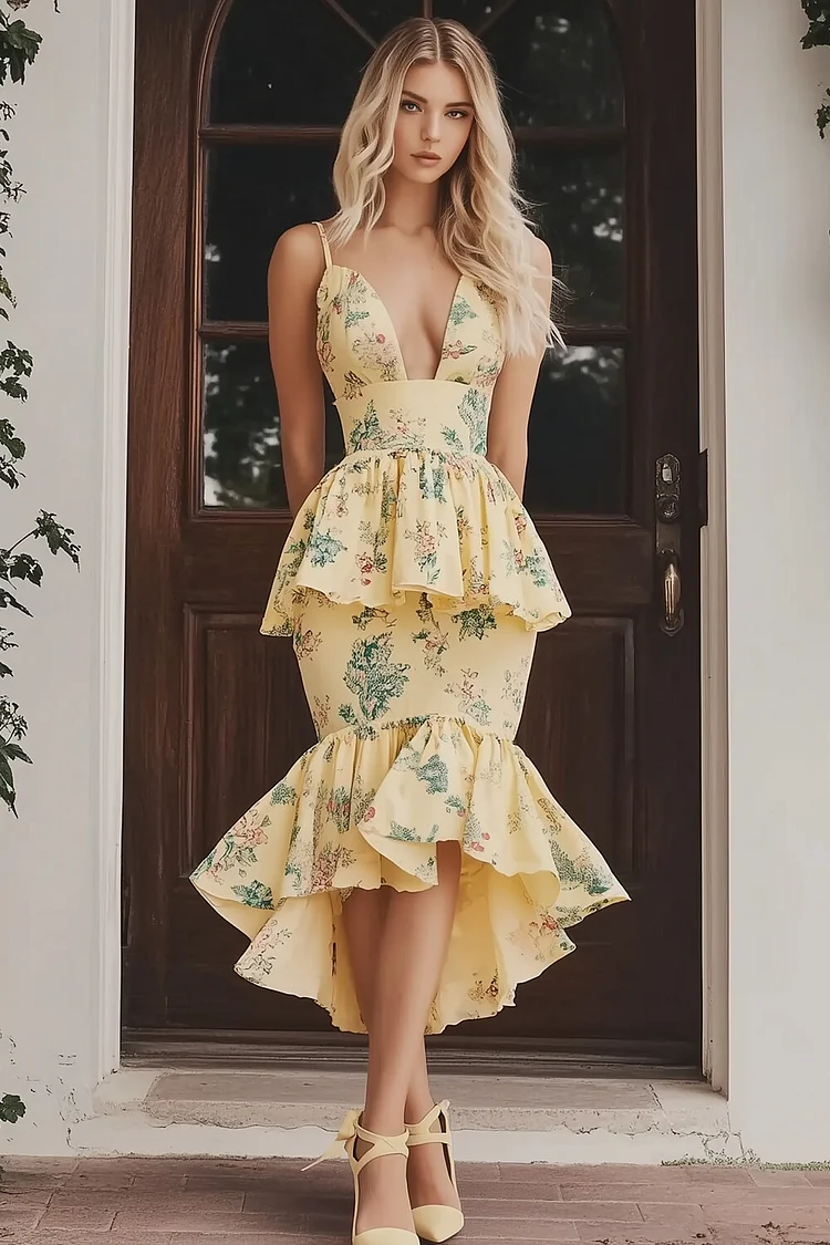 Floral Print Plunge Neck Ruffled Fishtail Slip Midi Dresses-Yellow [Pre Order]