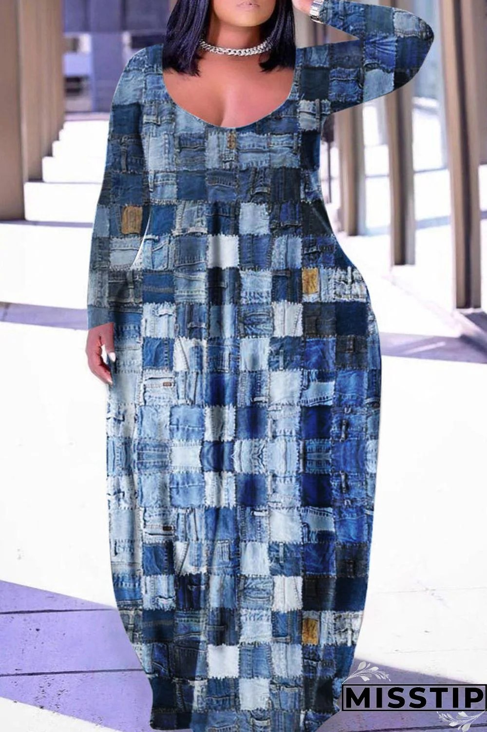 Blue Casual Print Patchwork Basic V Neck Long Sleeve Plus Size Dresses