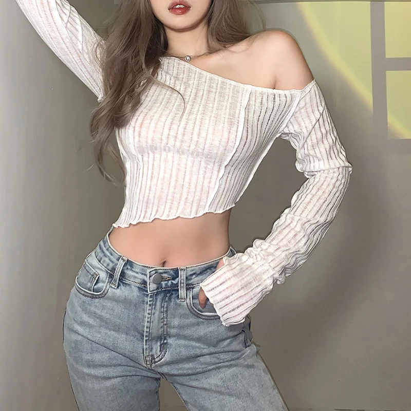 Uveng Autumn 2021 New Women's Solid-Color Fashion Slanted Shoulder Sexy Perspective Long-Sleeved T-Shirt In Wood Ear