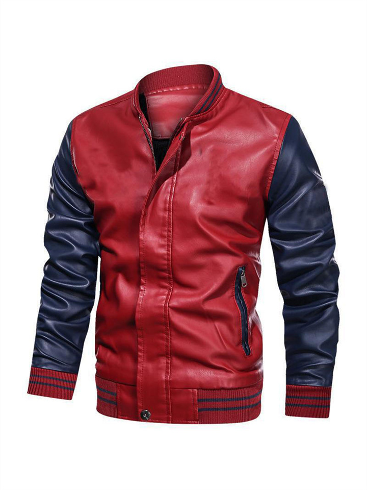 Men's Solid Color Insert Color Collision Threaded Cuffs PU Leather Jacket Men's Casual Stand-up Collar Zipper Jacket Man