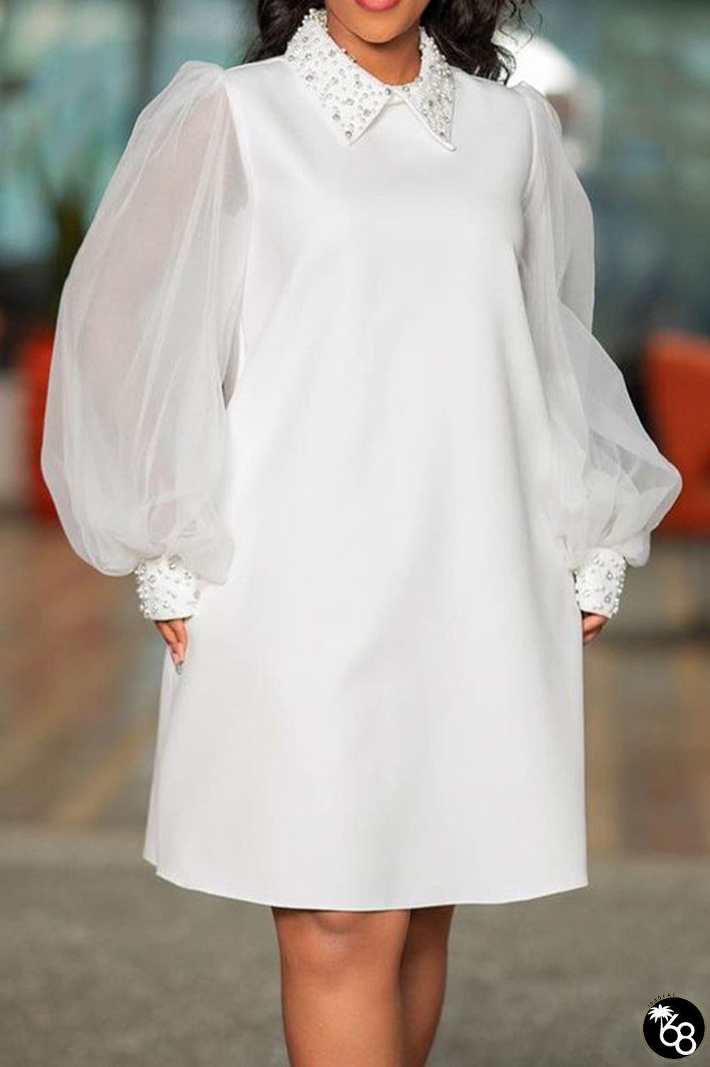 White Casual Elegant Solid Patchwork Beading Turndown Collar Straight Dresses | 168DEAL