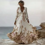 Classy Vintage Roses Print V Neck Flowy Maxi Linen Dress - Image 2