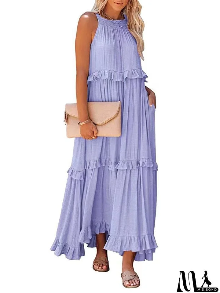 MidiSono - Romantic Ruffles Swing Sleeveless Halter Maxi Dress for Women