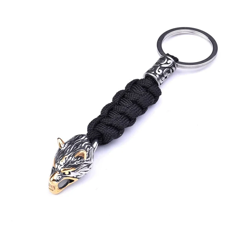 Coutureaura Stainless Steel Wolf Head Paracord Keychain