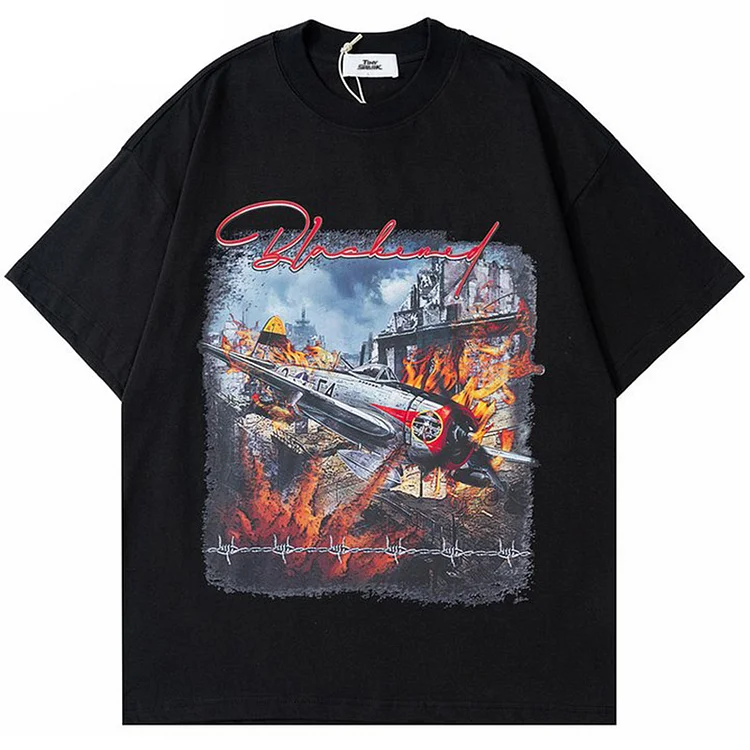 Hip Hop Men Streetwear Plane Fire Flame Printed T-Shirt at Hiphopee