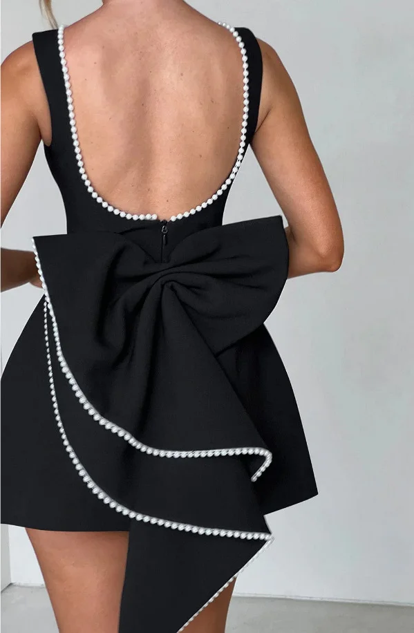 Women's Elegant Pearl Bow Backless Sleeveless Party Cute Mini Dresses 