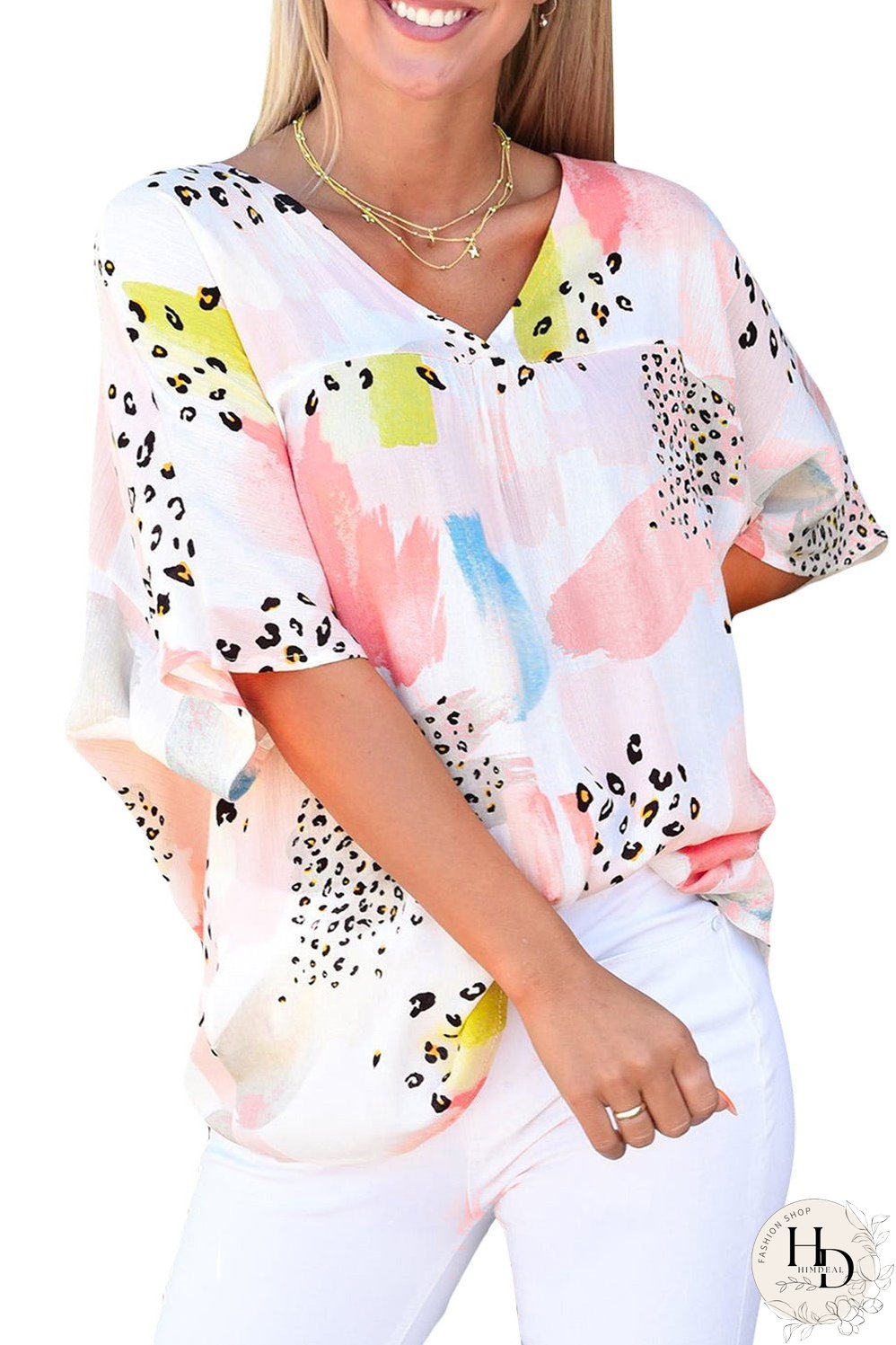 Whimsical Watercolor Animal Print V-Neck Blouse