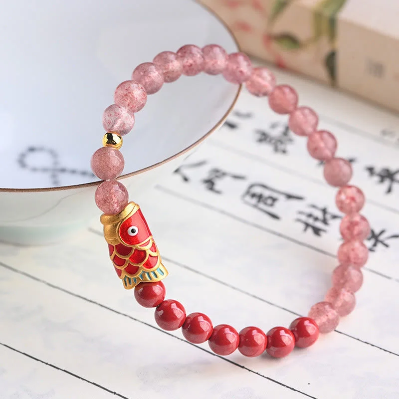 Cinnabar Strawberry Quartz Lucky Koi Fish Healing Bracelet