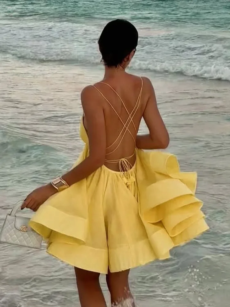 Sexy Backless Lace Up Women's Sling Chic Solid High Waist Party Beachwear Mini Dress