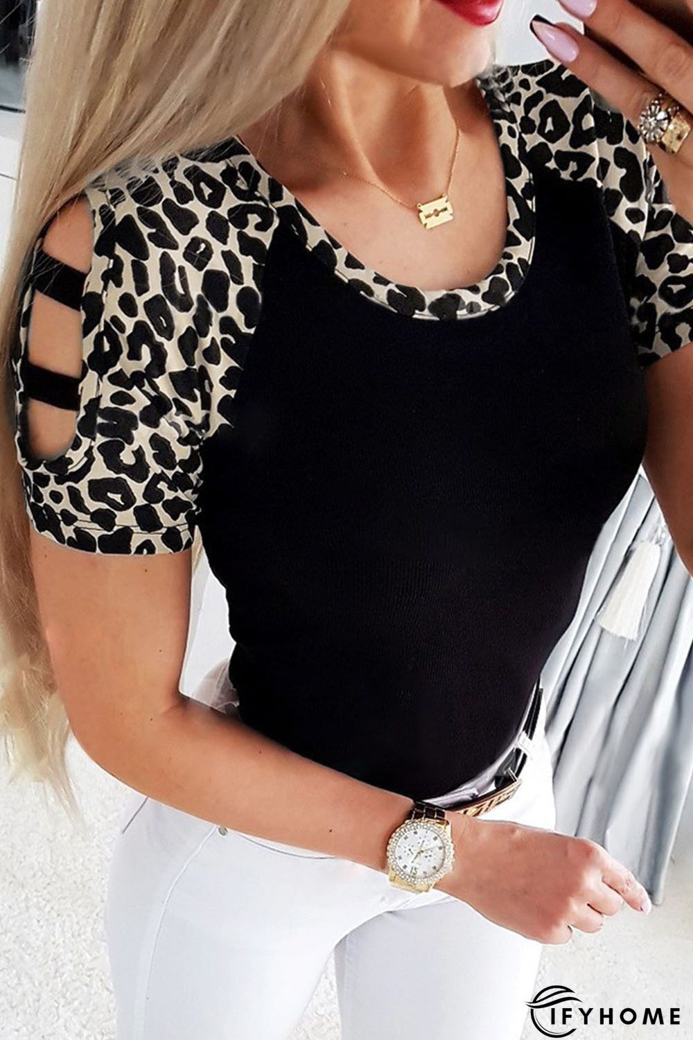 Black Leopard Color Block Cut Out Short Sleeve Top | IFYHOME