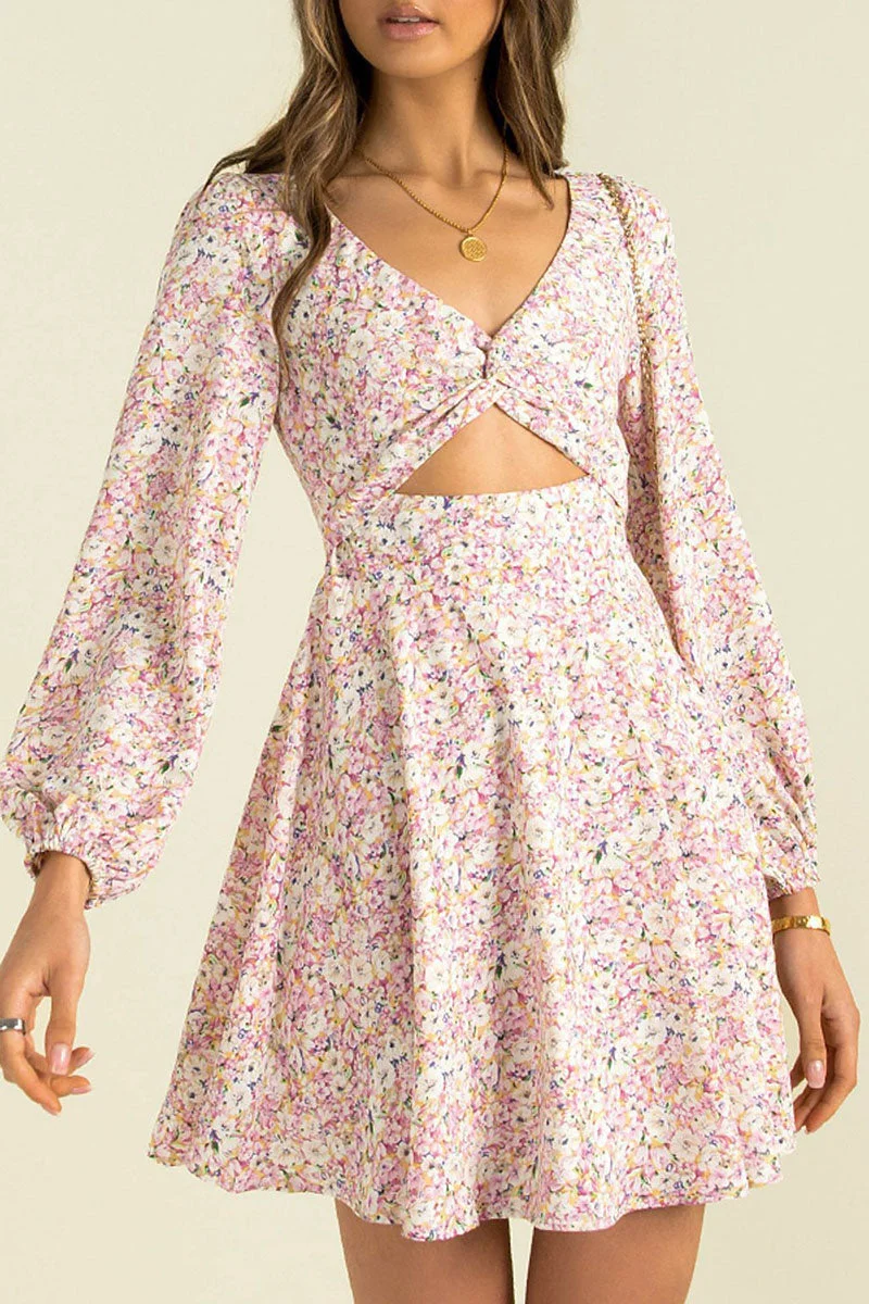 Fashion Street Print Hollowed Out V Neck Princess Dresses