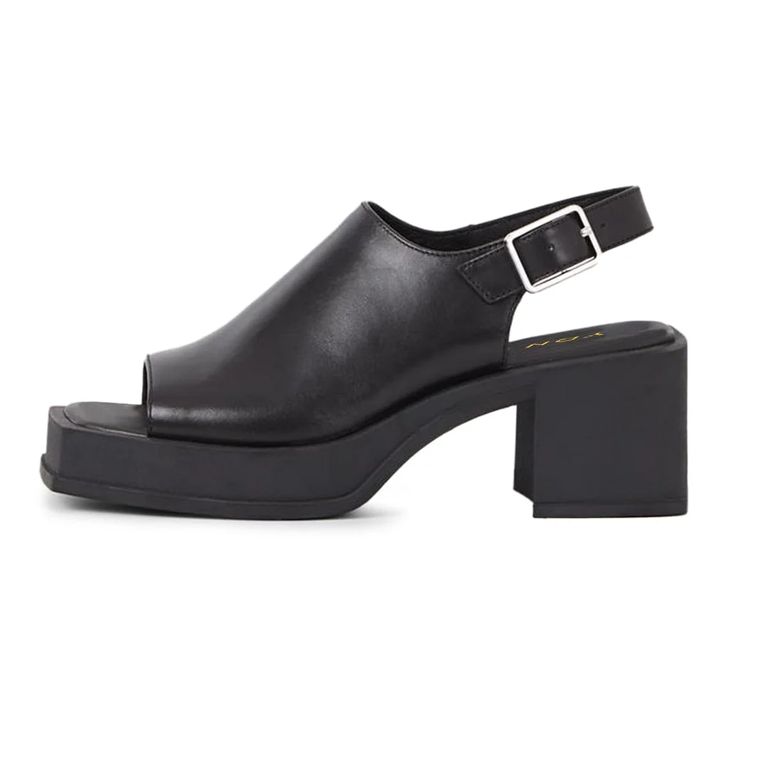 Black Open Square Toe Chunky Heel Slingback Platform Sandals for Women
