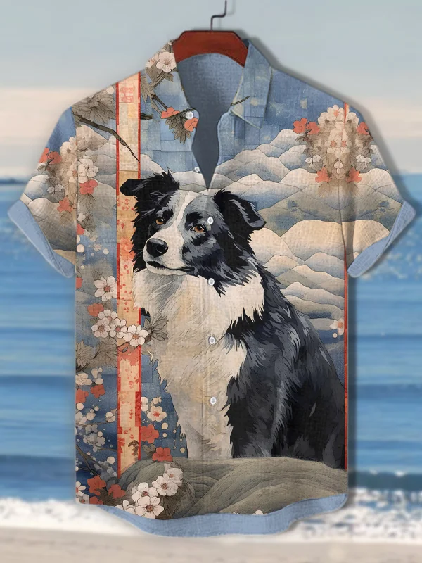 Men's Shepherd Dog Floral Japanese Art Print Short Sleeve Shirt