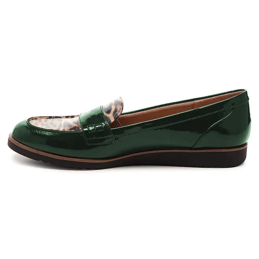 Green Patent Leather Leopard Printed Moc Toe Flat Women's Loafers