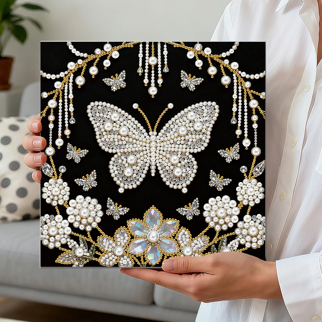 Flower Butterfly DIY Pearl Art Diamond Painting Kit Home Decor 25x25cm With Frame