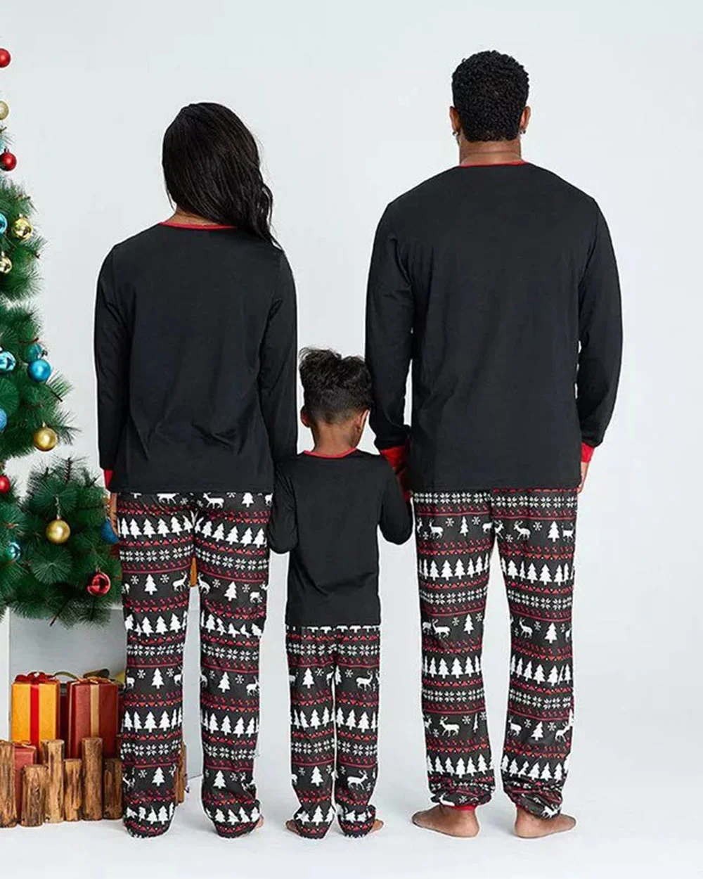 Black Santa Hat deer Print Christmas Pajamas